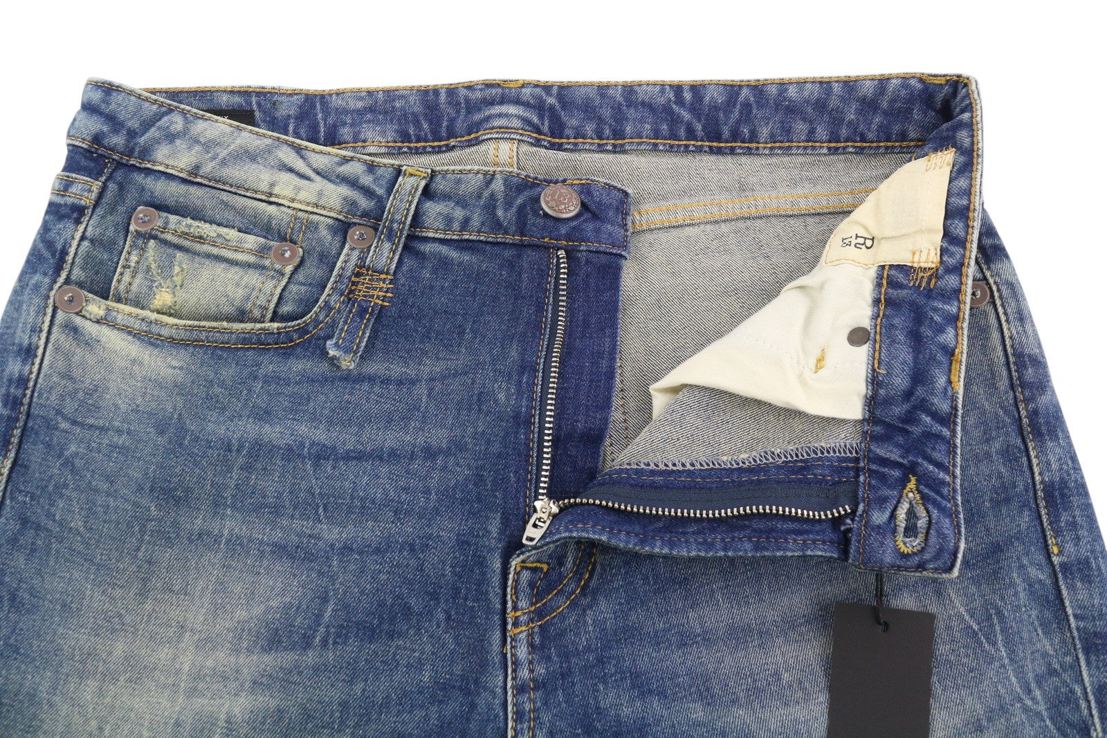 R13 Kick moteriški džinsai, 30 dydžio, trumpi, iki kulkšnies, skalbti mėlyni, tamprūs Kelly džinsai, RRP – 650 € 