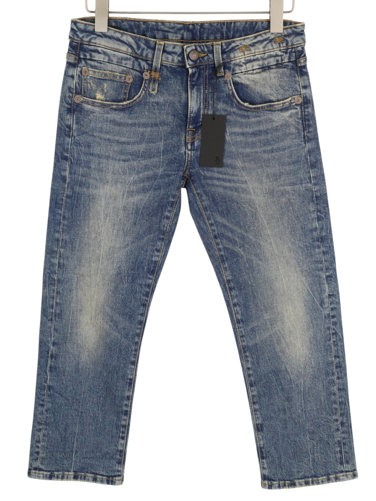R13 Boy Straight Women Jeans 27 Ankle Cropped Washed Blue Kelly Stretch RRP€645