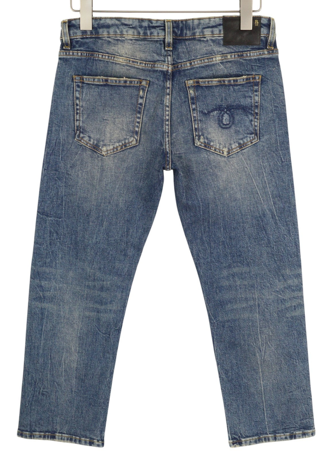 R13 Boy Straight Women Jeans 27 Ankle Cropped Washed Blue Kelly Stretch RRP€645