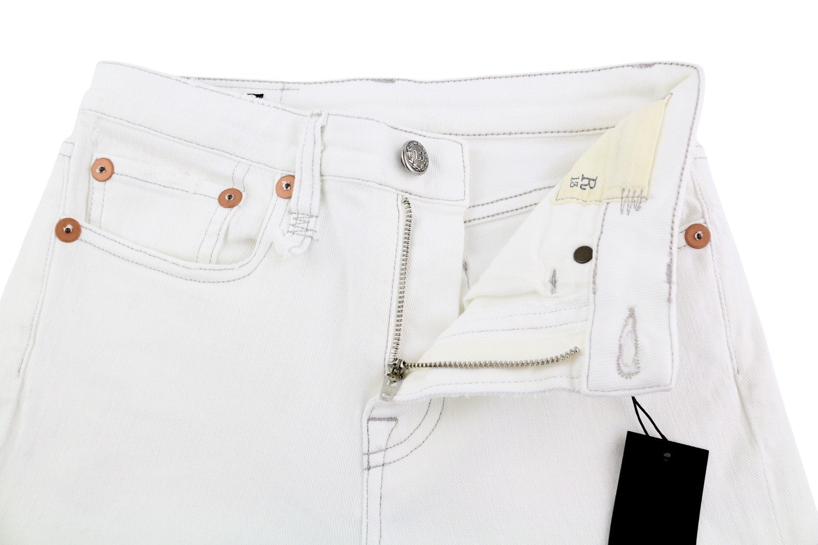 R13 Kick moteriški džinsai, 24 colių, laisvo kirpimo, su užtrauktuku, laisvalaikio, iki kulkšnies, balti, rekomenduojama kaina – 526 € 