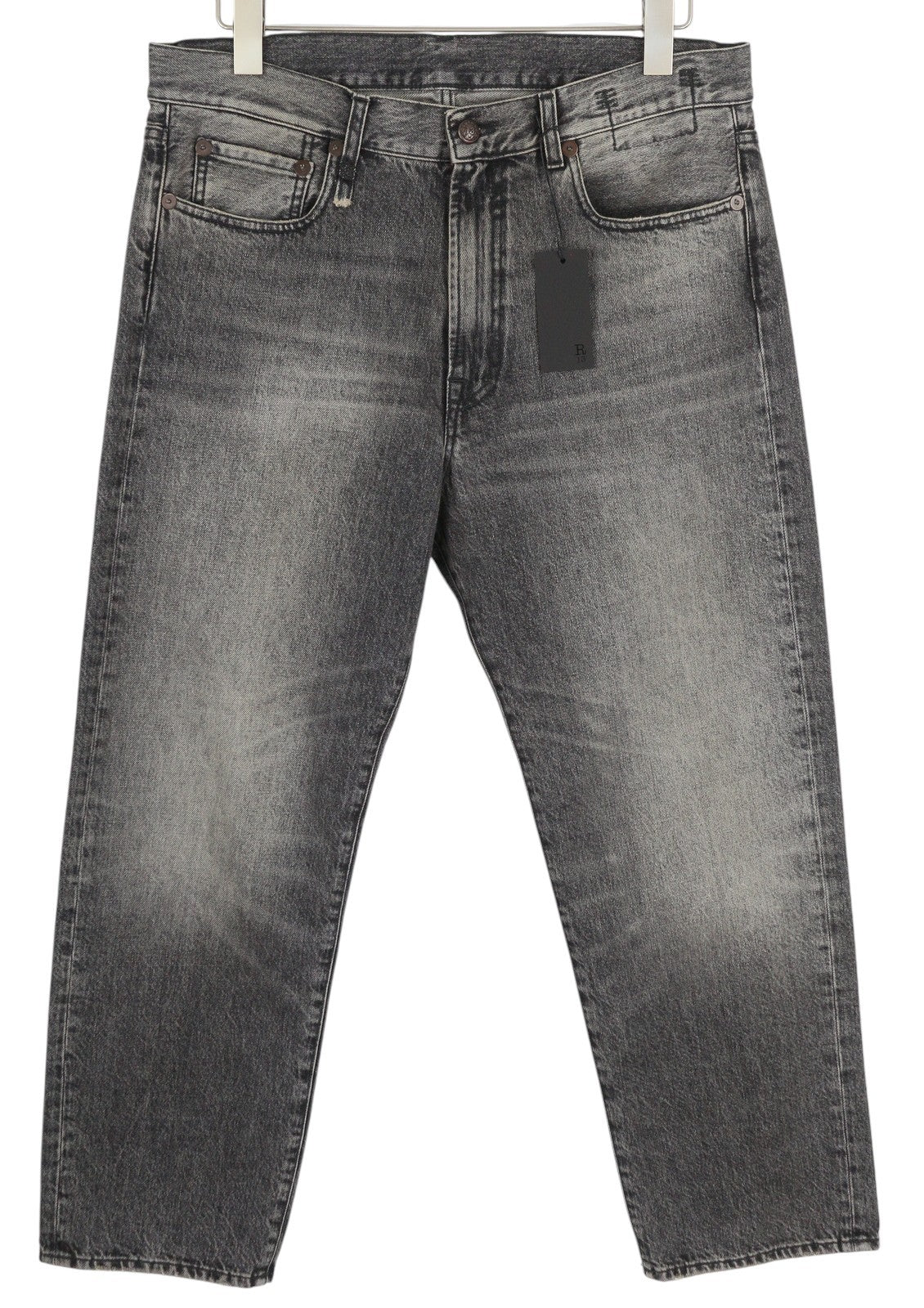 R13 Boyfriend moteriški džinsai 29, tiesaus kirpimo, su užtrauktuku, skalbti Leyton juodi 