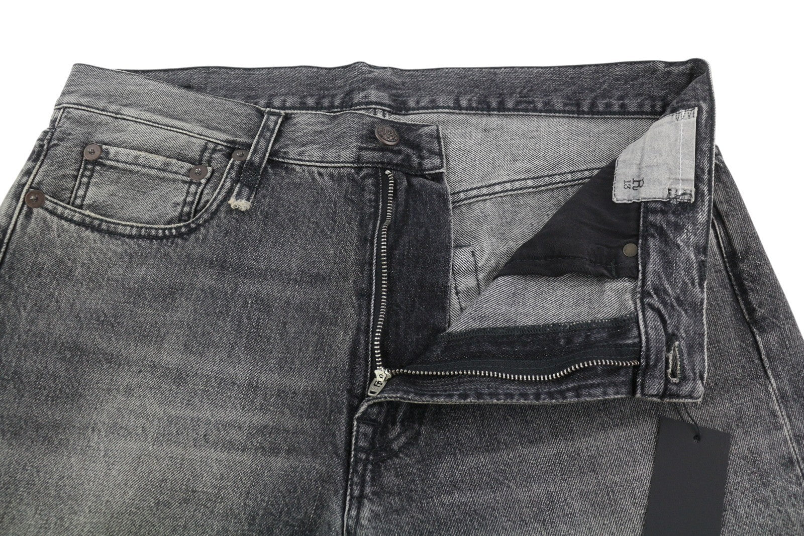 R13 Boyfriend moteriški džinsai 29, tiesaus kirpimo, su užtrauktuku, skalbti Leyton juodi 