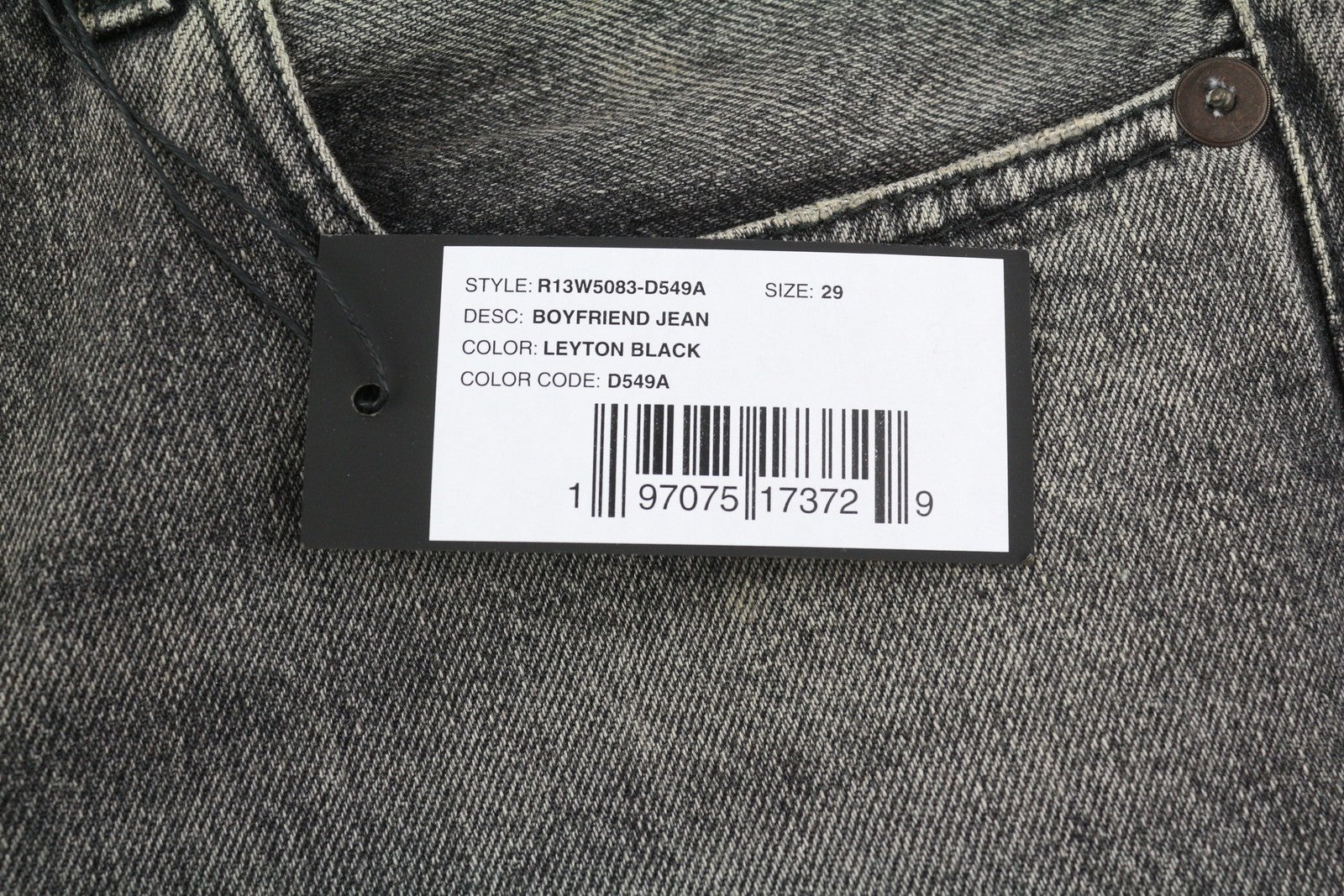 R13 Boyfriend moteriški džinsai 29, tiesaus kirpimo, su užtrauktuku, skalbti Leyton juodi 