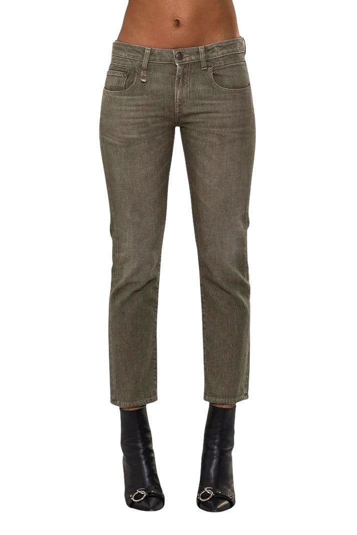 R13 berniukiški tiesūs moteriški džinsai, 31, ploni, trumpi, tamsiai žali, tamprūs, rekomenduojama kaina – 695 € 