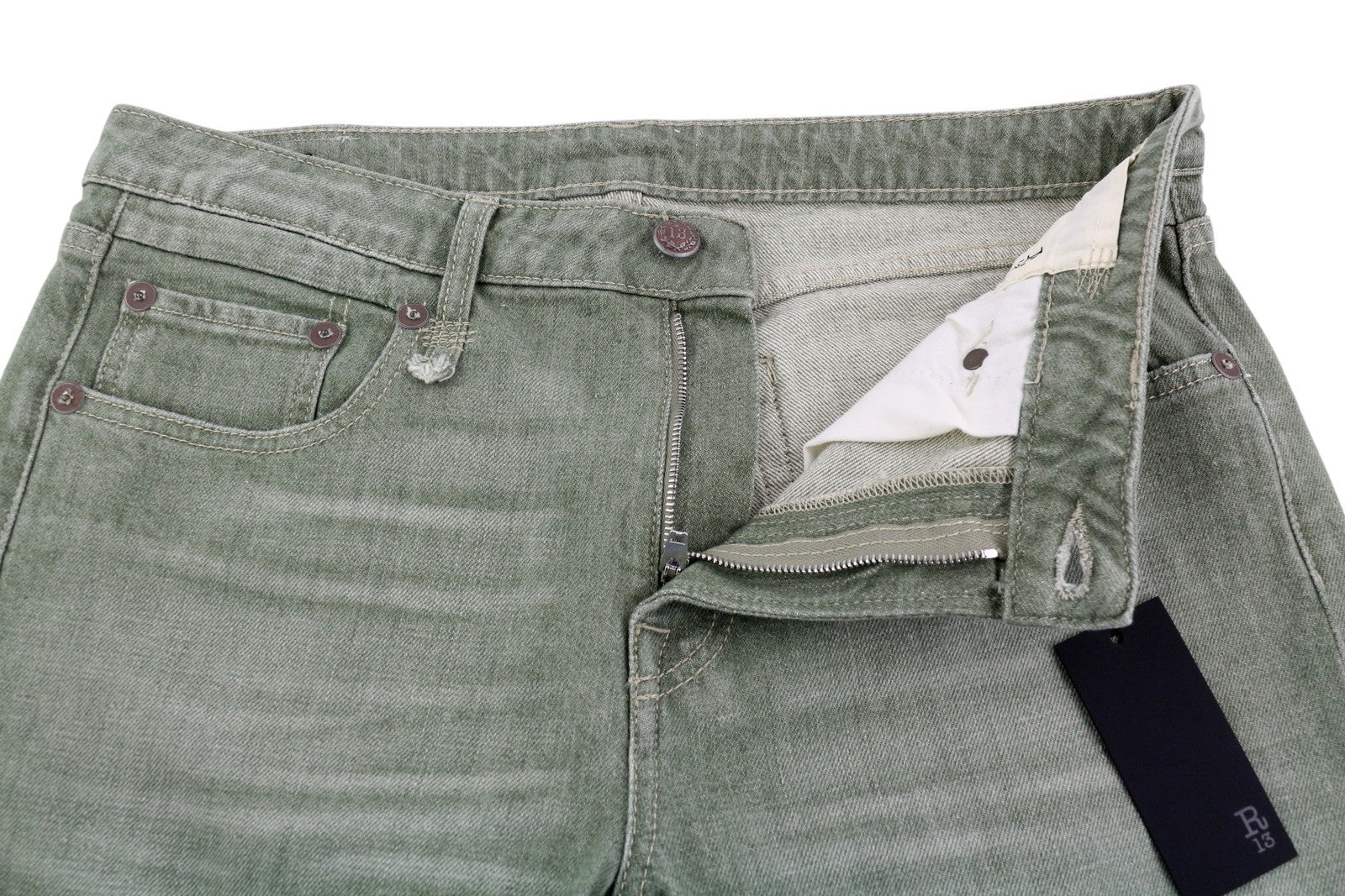 R13 berniukiški tiesūs moteriški džinsai, 31, ploni, trumpi, tamsiai žali, tamprūs, rekomenduojama kaina – 695 € 