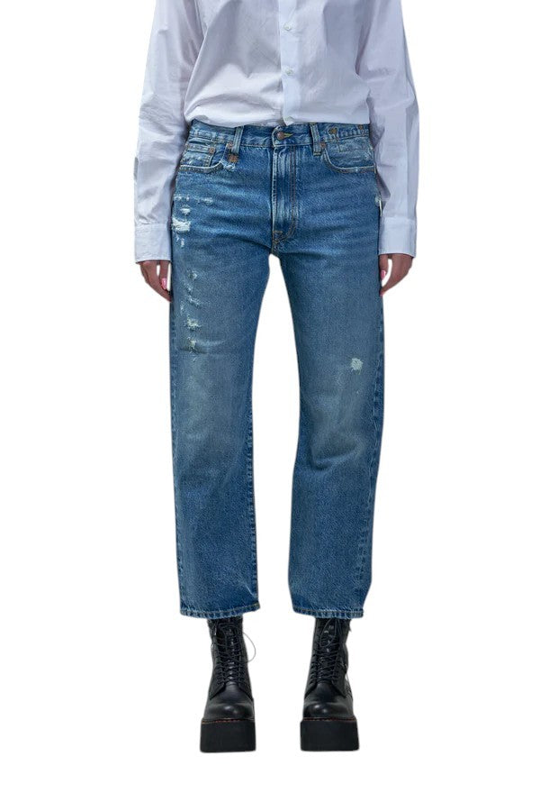 R13 „Boyfriend“ moteriškos džinsinės kelnės, 29 m., skalbti iki kulkšnies, trumpintos, „Distress Bain“ su plėšytomis kelnėmis. RMK 595 €. 