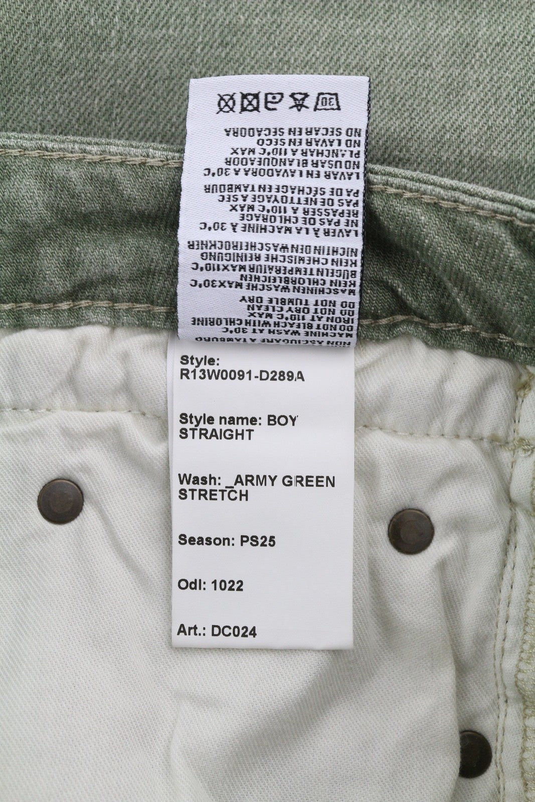 R13 berniukiški tiesūs moteriški džinsai 27 ploni, tiesūs, trumpi, armijos žali, tamprūs, RRP 695 € 