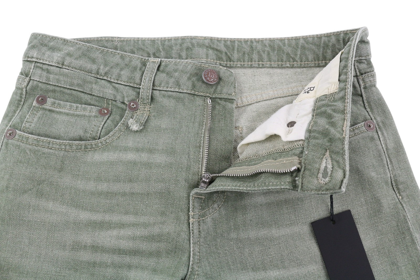 R13 berniukiški tiesūs moteriški džinsai 27 ploni, tiesūs, trumpi, armijos žali, tamprūs, RRP 695 € 