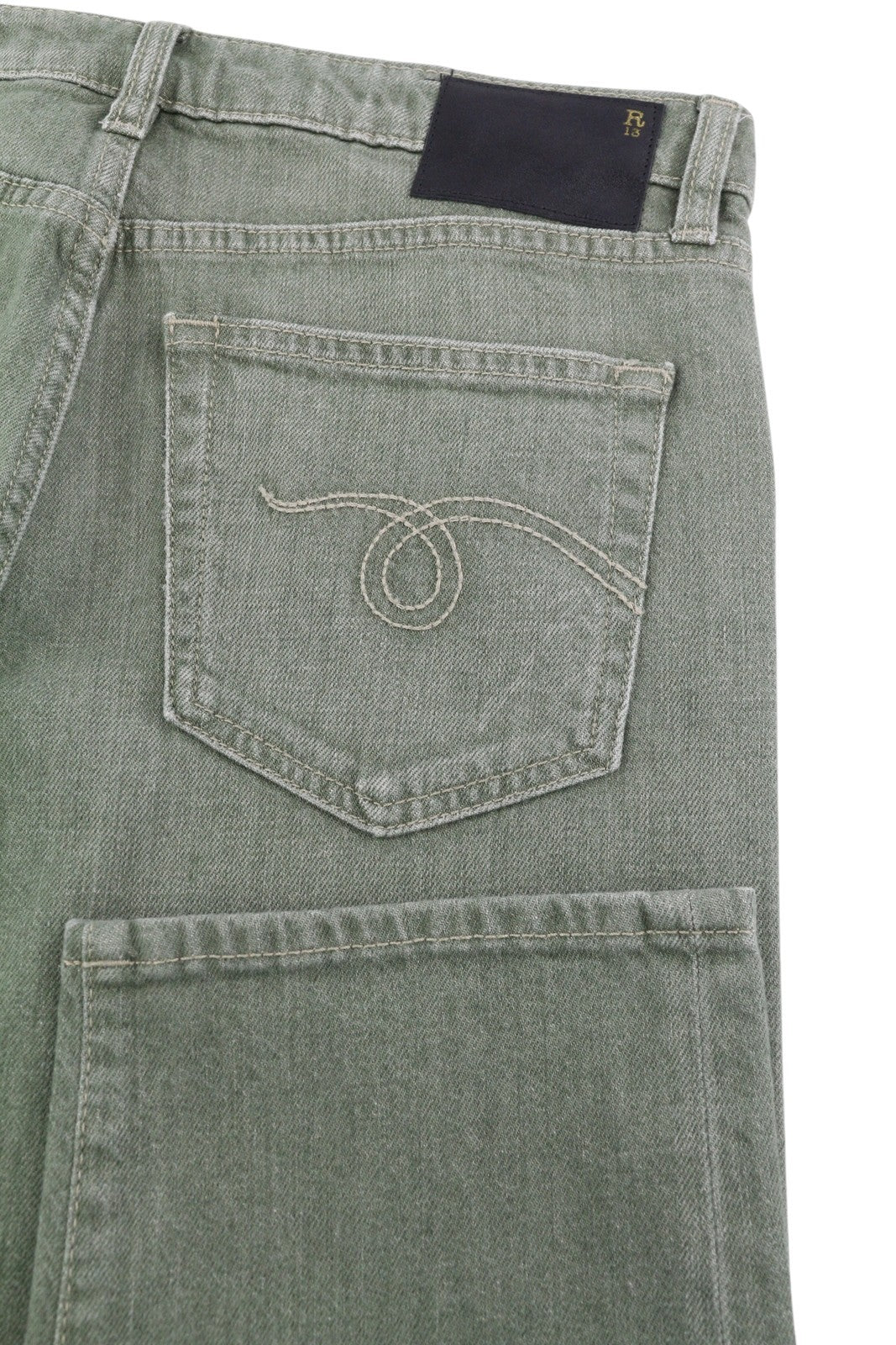 R13 berniukiški tiesūs moteriški džinsai 27 ploni, tiesūs, trumpi, armijos žali, tamprūs, RRP 695 € 