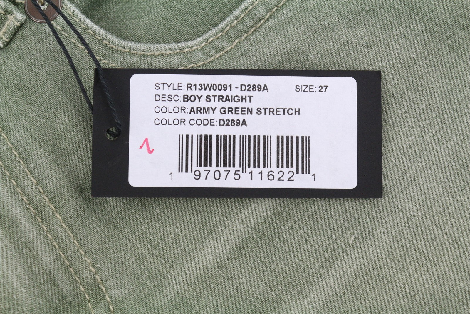 R13 berniukiški tiesūs moteriški džinsai 27 ploni, tiesūs, trumpi, armijos žali, tamprūs, RRP 695 € 