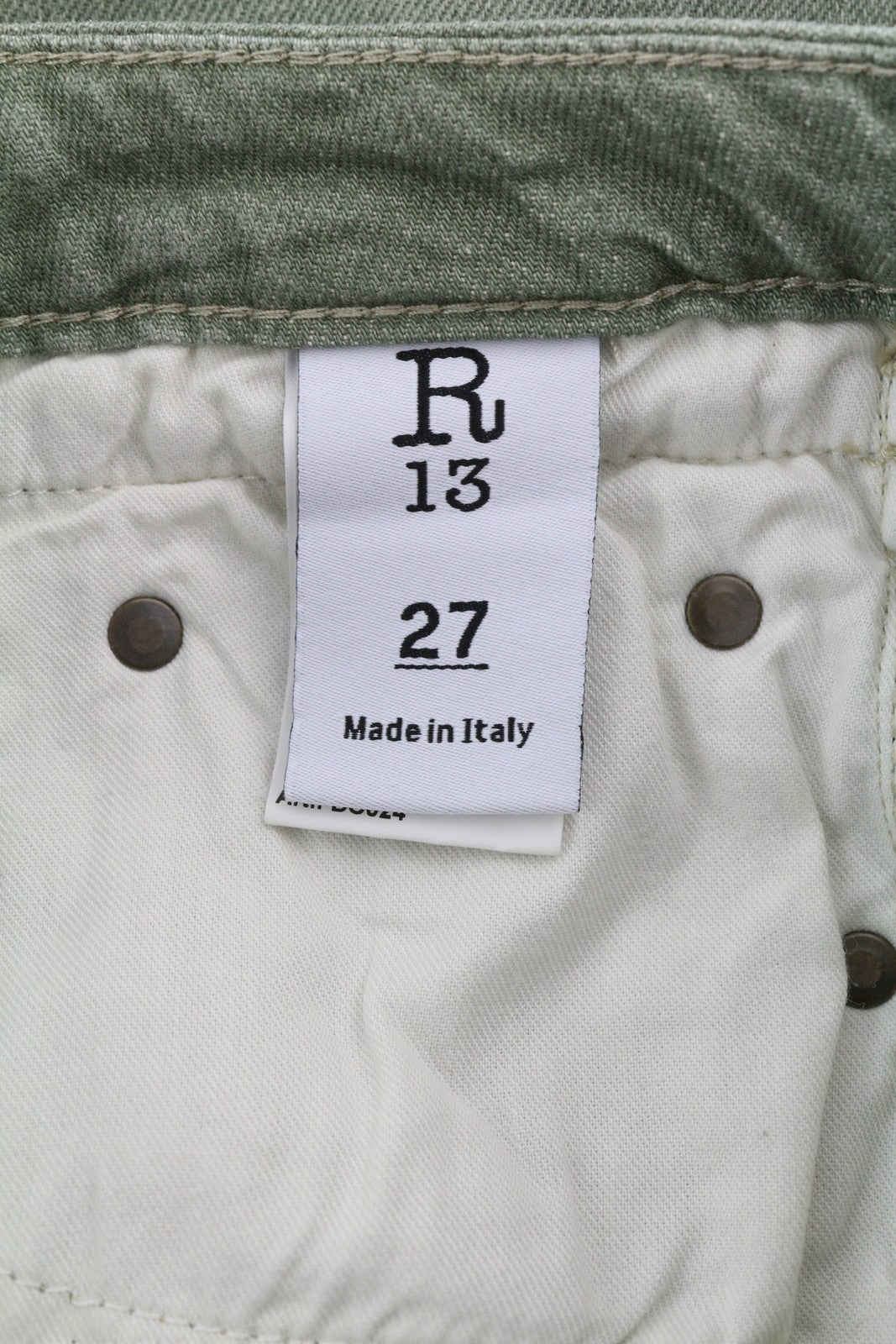 R13 berniukiški tiesūs moteriški džinsai 27 ploni, tiesūs, trumpi, armijos žali, tamprūs, RRP 695 € 