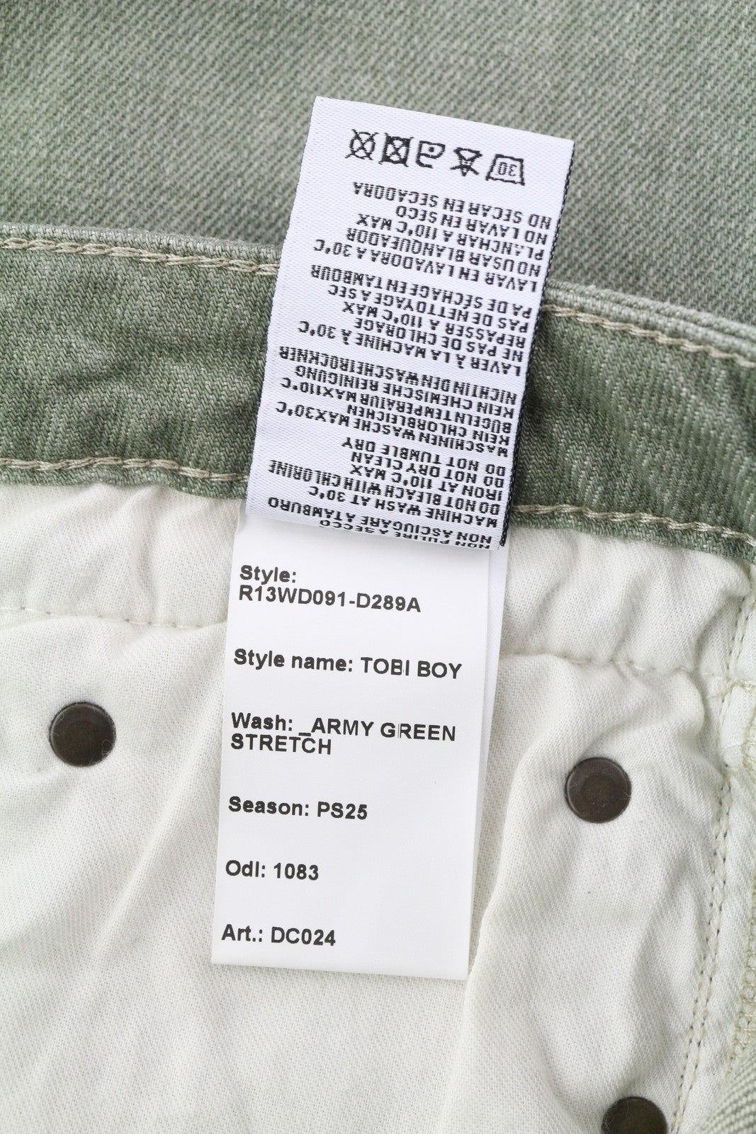 R13 Tobi berniukiški moteriški džinsai, 27, žemo liemens, ploni, skalbti, armijos žali, tamprūs, RRP 695 € 