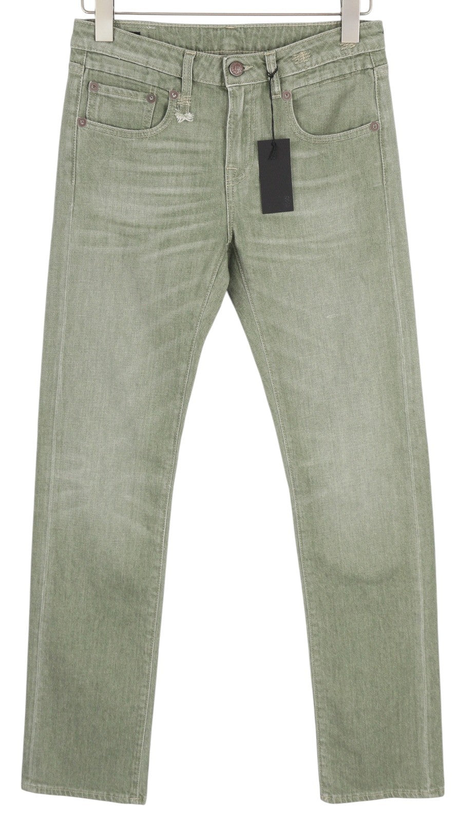 R13 Tobi berniukiški moteriški džinsai, 27, žemo liemens, ploni, skalbti, armijos žali, tamprūs, RRP 695 € 