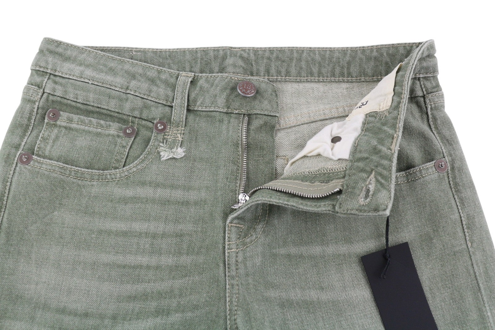 R13 Tobi berniukiški moteriški džinsai, 27, žemo liemens, ploni, skalbti, armijos žali, tamprūs, RRP 695 € 