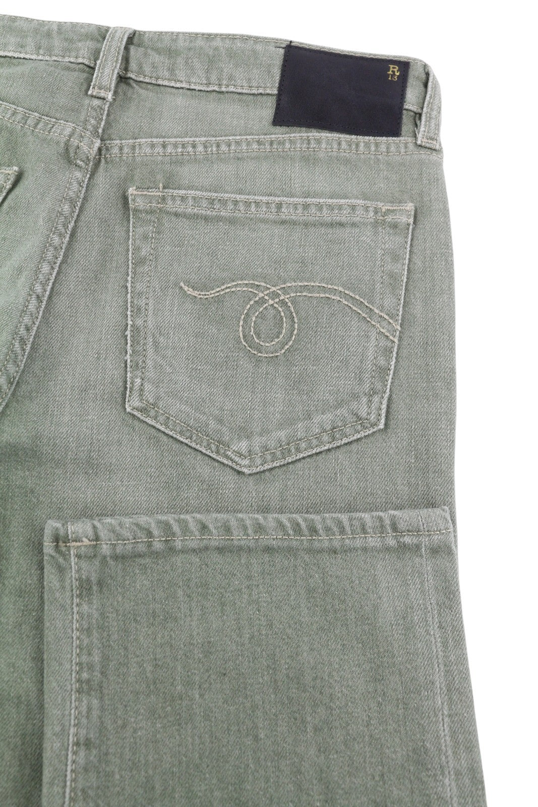 R13 Tobi berniukiški moteriški džinsai, 27, žemo liemens, ploni, skalbti, armijos žali, tamprūs, RRP 695 € 