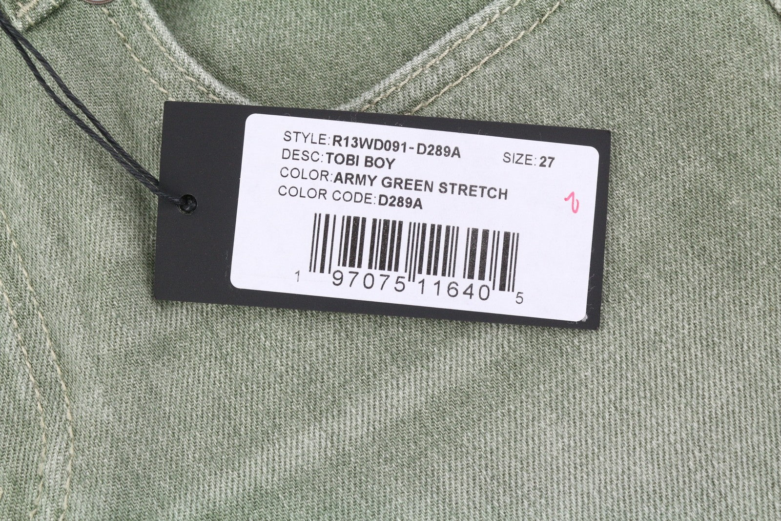 R13 Tobi berniukiški moteriški džinsai, 27, žemo liemens, ploni, skalbti, armijos žali, tamprūs, RRP 695 € 