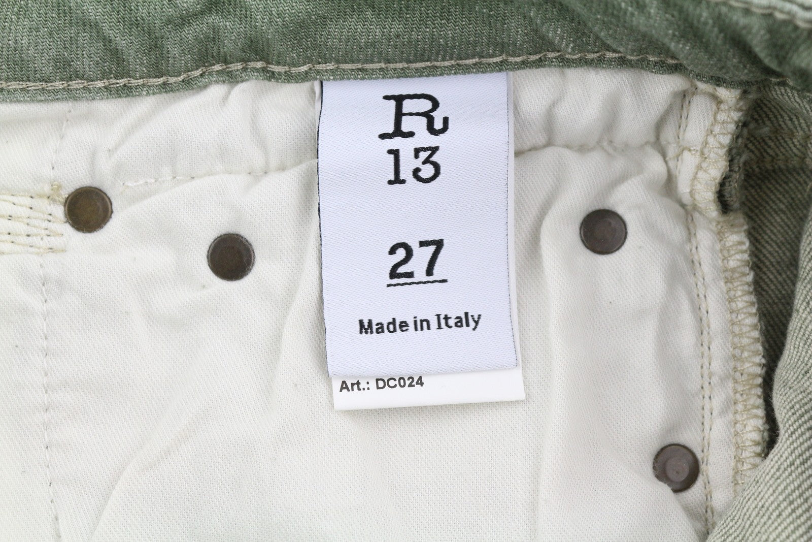 R13 Tobi berniukiški moteriški džinsai, 27, žemo liemens, ploni, skalbti, armijos žali, tamprūs, RRP 695 € 