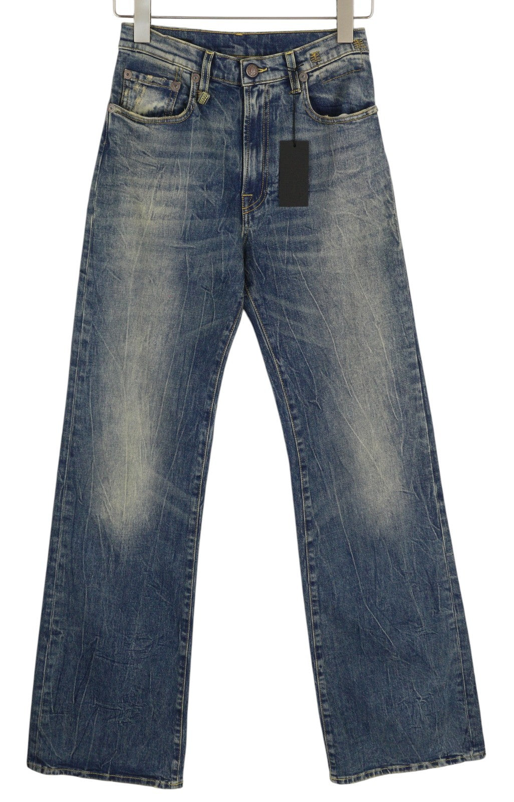 R13 Jane moteriški džinsai, 25 dydžio, skalbtos mėlynos spalvos, platėjančios klešnės, užtrauktuku, tamprūs Kelly džinsai, RRP 645 € 