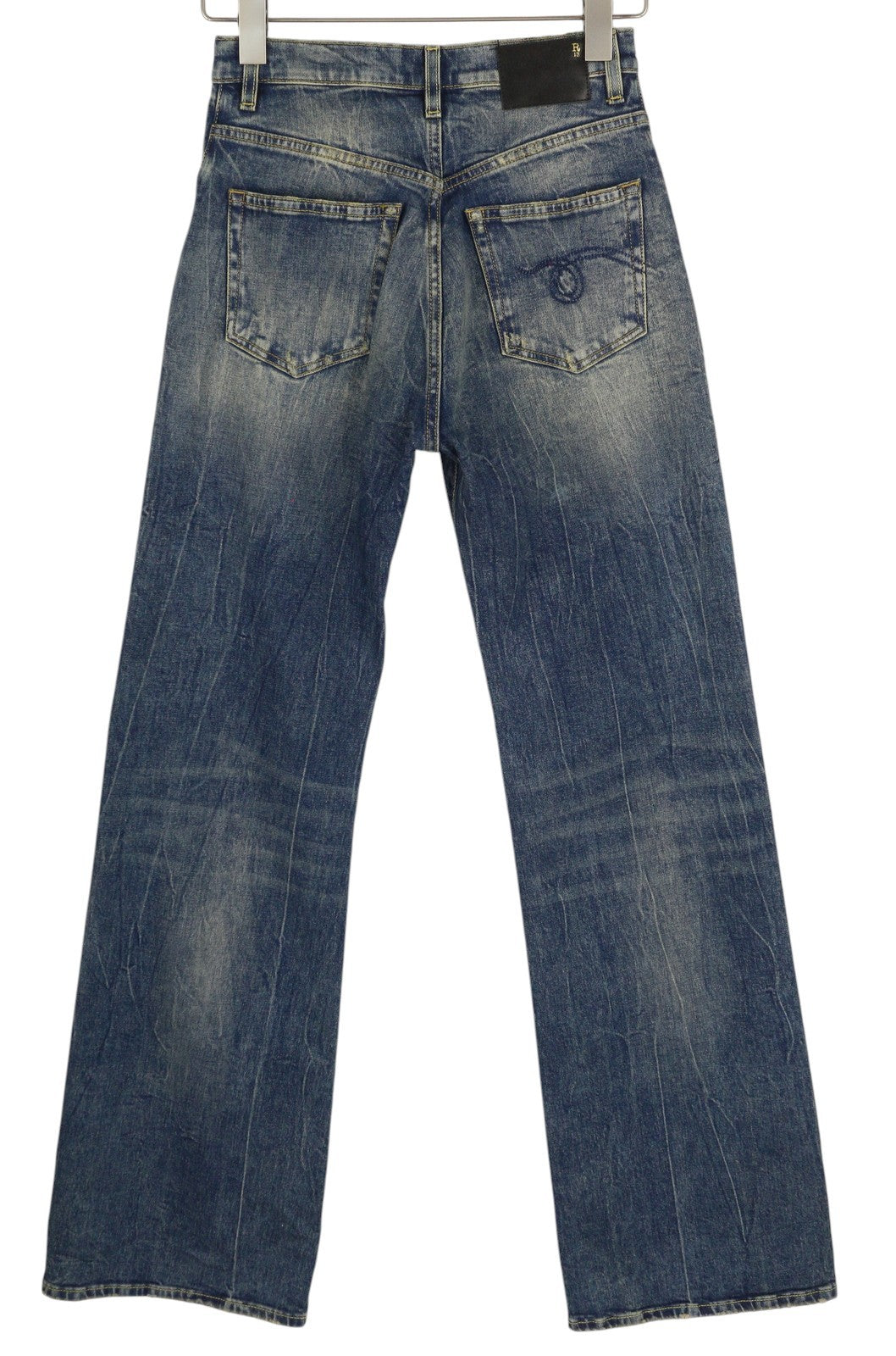 R13 Jane moteriški džinsai, 25 dydžio, skalbtos mėlynos spalvos, platėjančios klešnės, užtrauktuku, tamprūs Kelly džinsai, RRP 645 € 