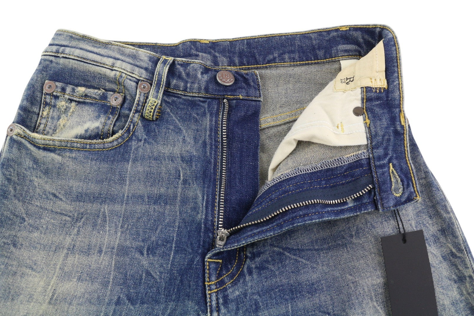 R13 Jane moteriški džinsai, 25 dydžio, skalbtos mėlynos spalvos, platėjančios klešnės, užtrauktuku, tamprūs Kelly džinsai, RRP 645 € 