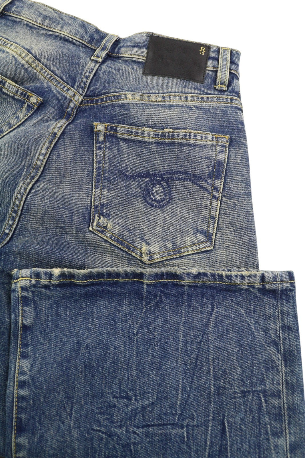 R13 Jane moteriški džinsai, 25 dydžio, skalbtos mėlynos spalvos, platėjančios klešnės, užtrauktuku, tamprūs Kelly džinsai, RRP 645 € 