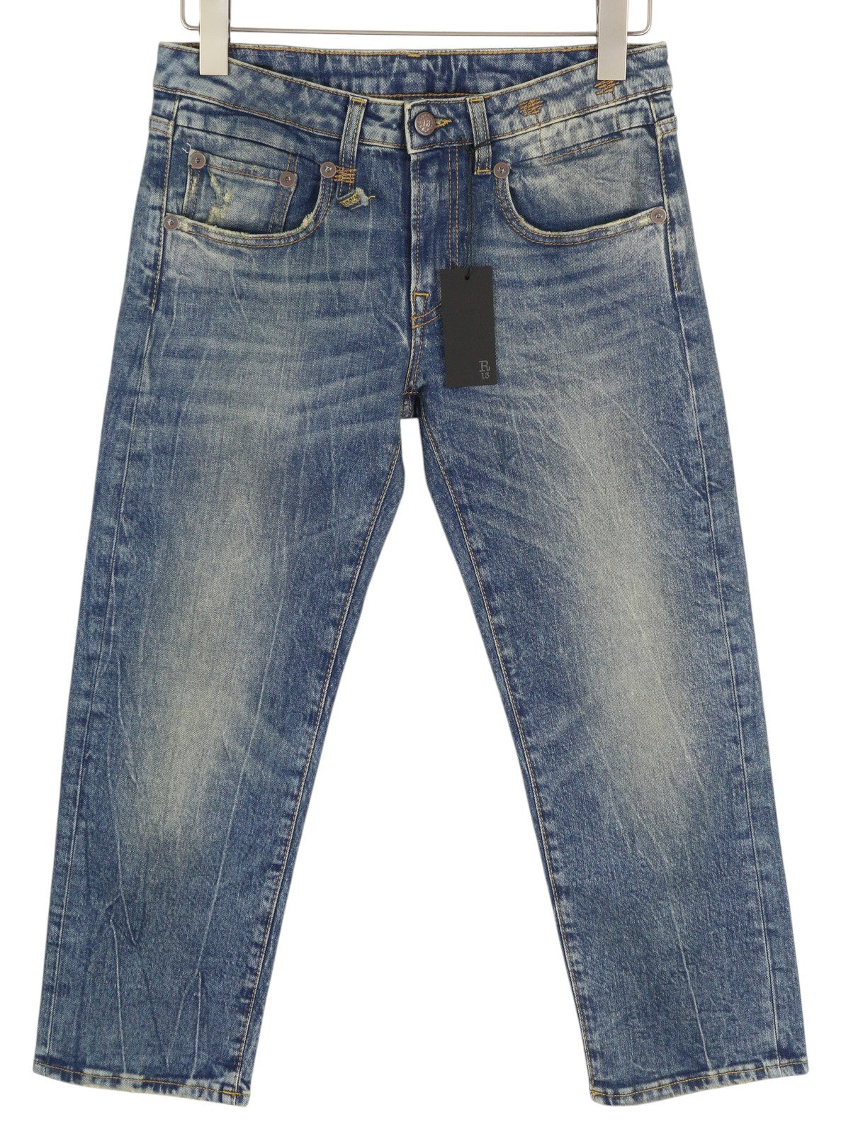 R13 berniukiški tiesūs moteriški džinsai iki kulkšnių, trumpi, skalbtos mėlynos spalvos, tamprūs Kelly džinsai, rekomenduojama kaina – 645 € 