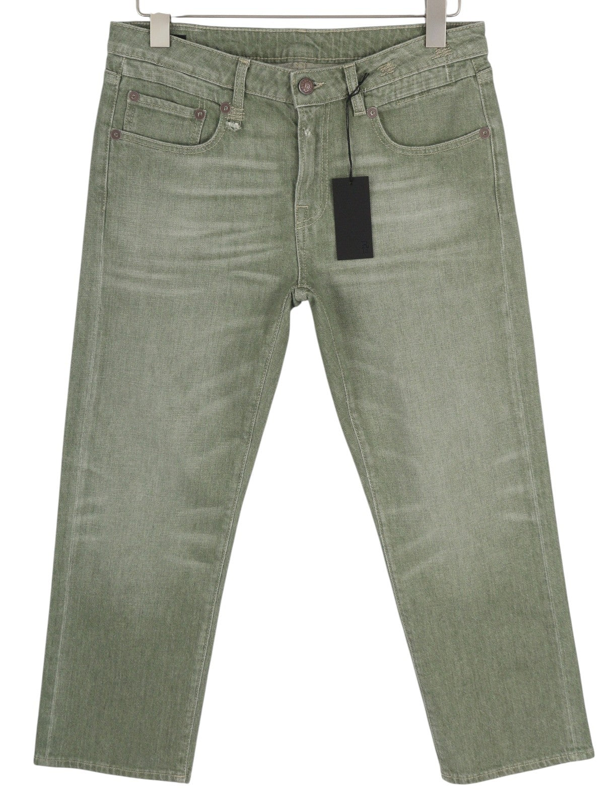 R13 berniukiški tiesūs moteriški džinsai, 30 dydžio, trumpi, tamsiai žali, tamprūs, rekomenduojama kaina – 695 € 