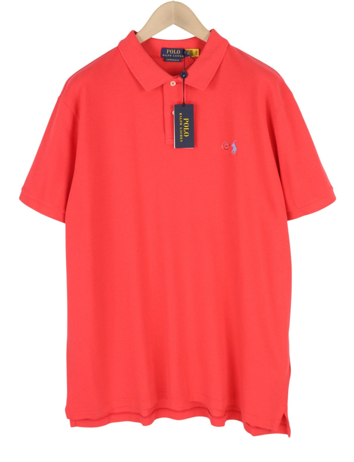 RALPH LAUREN „Custom Slim Fit“ vyriški marškinėliai, 2XL dydžio, raudoni trumpomis rankovėmis, rekomenduojama kaina – 153 USD 
