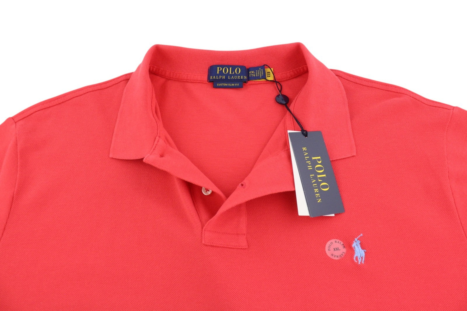 RALPH LAUREN „Custom Slim Fit“ vyriški marškinėliai, 2XL dydžio, raudoni trumpomis rankovėmis, rekomenduojama kaina – 153 USD 