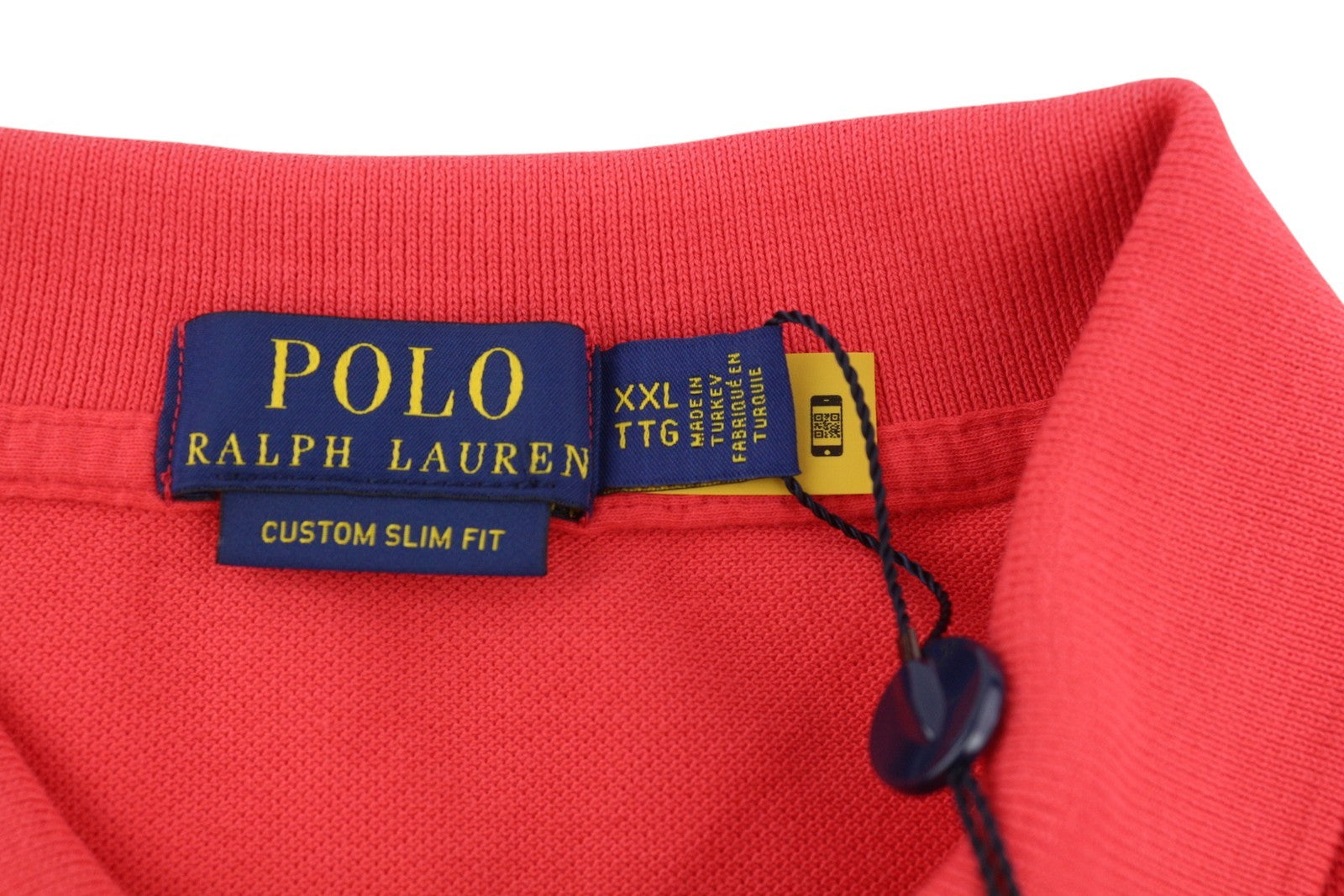 RALPH LAUREN „Custom Slim Fit“ vyriški marškinėliai, 2XL dydžio, raudoni trumpomis rankovėmis, rekomenduojama kaina – 153 USD 