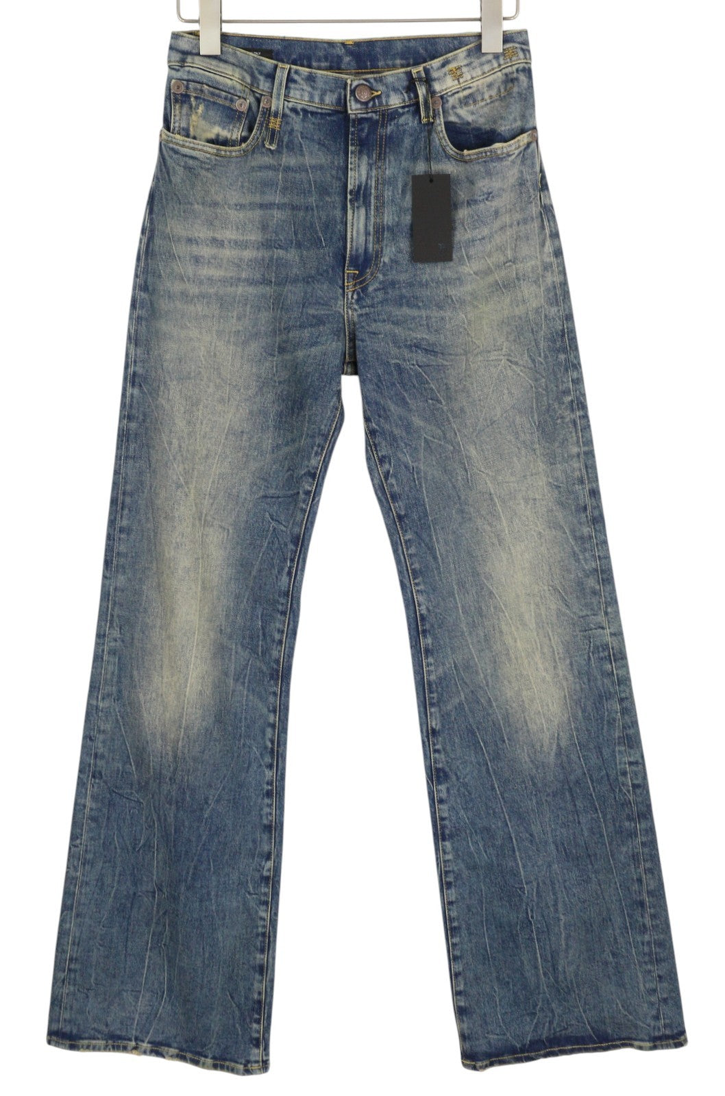 R13 Jane moteriški džinsai, 28 dydis, skalbtos mėlynos spalvos, platėjančios kojos, užtrauktuku, tamprūs, rekomenduojama kaina – 645 € 