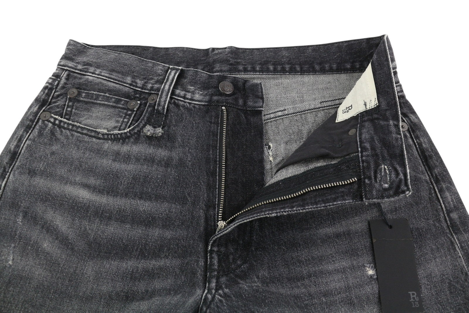 R13 Boyfriend Women Jeans 27 Distress Washed Ankle Cropped Eberit Black RRP€595