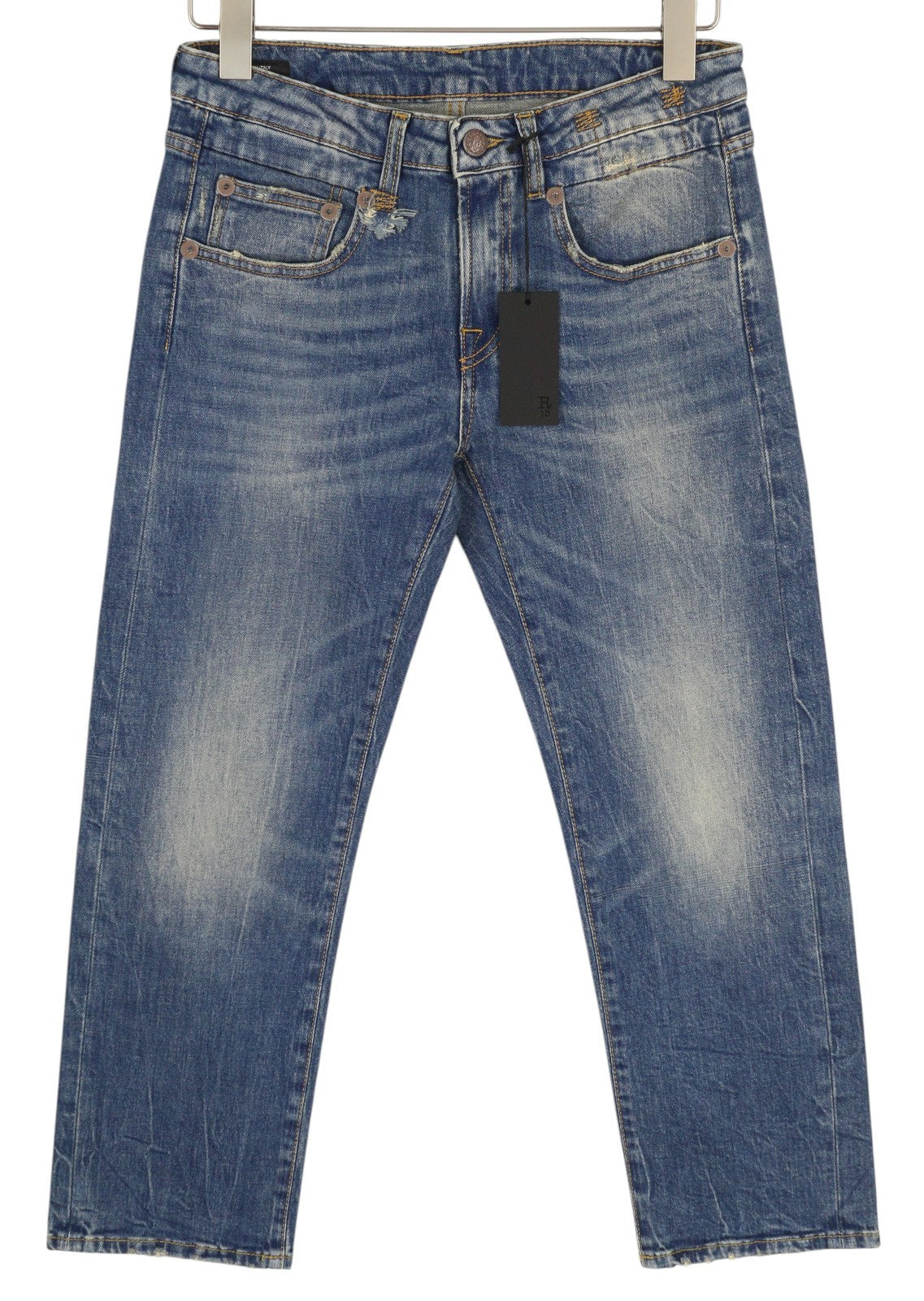 R13 berniukiški tiesūs moteriški džinsai 26 trumpi iki kulkšnies, skalbti „Bue Kelly“ tamprūs, rekomenduojama kaina – 645 € 