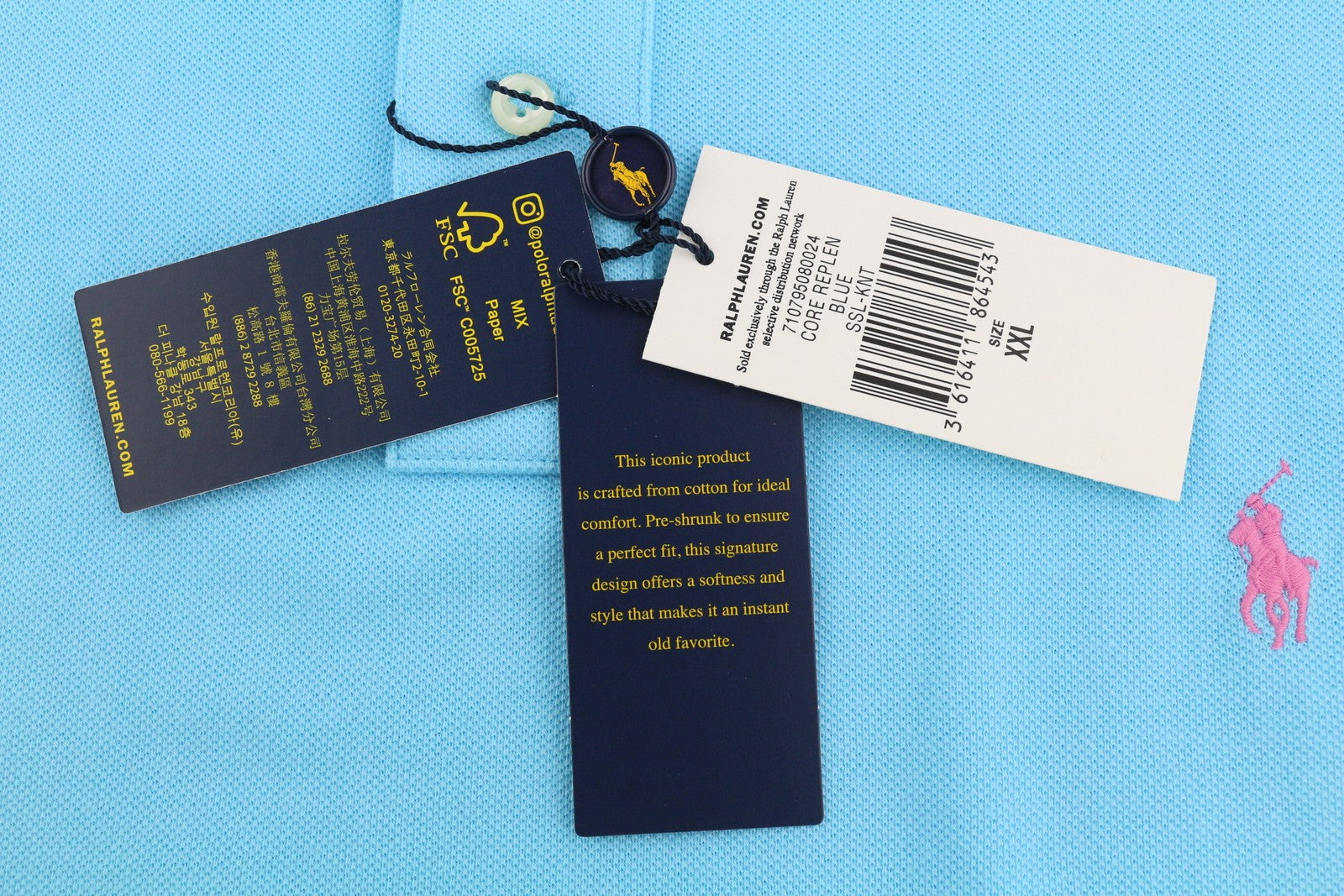 RALPH LAUREN Slim Fit vyriški marškinėliai su trumpomis rankovėmis, 2XL dydžio, mėlyni, su polo apykakle, RRP 125 € 