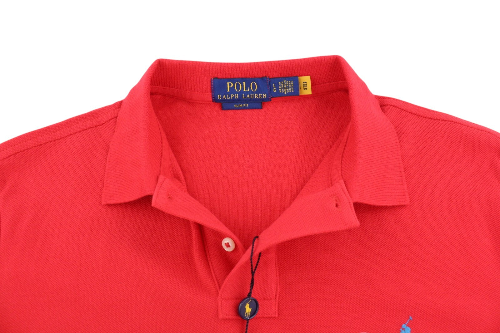 RALPH LAUREN Sim Fit vyriški marškinėliai L dydžio, raudoni, trumpomis rankovėmis, polo apykakle ir logotipu, rekomenduojama kaina – 129 € 