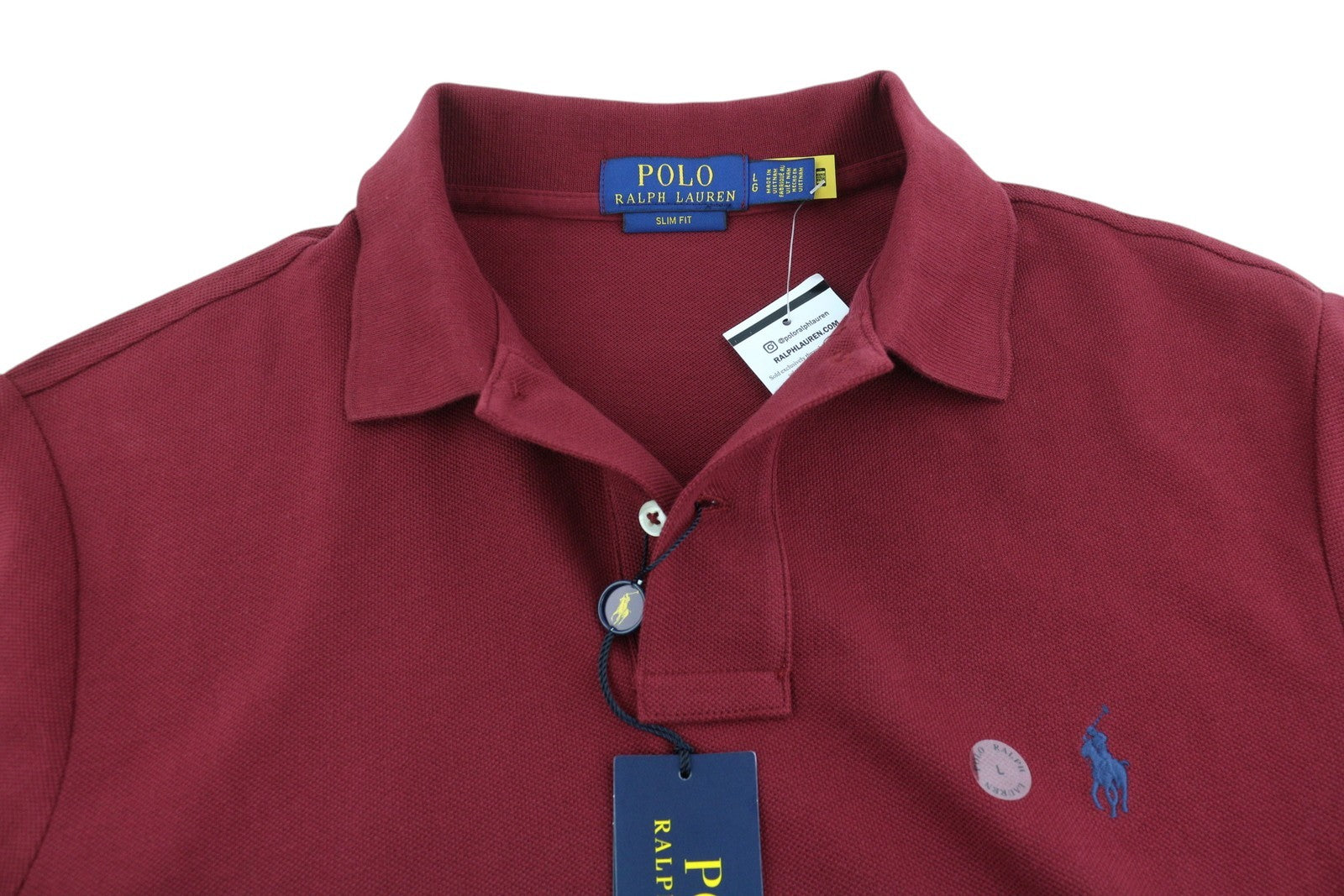 RALPH LAUREN Sim Fit vyriški marškinėliai L dydžio bordo spalvos su trumpomis rankovėmis ir polo apykakle, su logotipu 