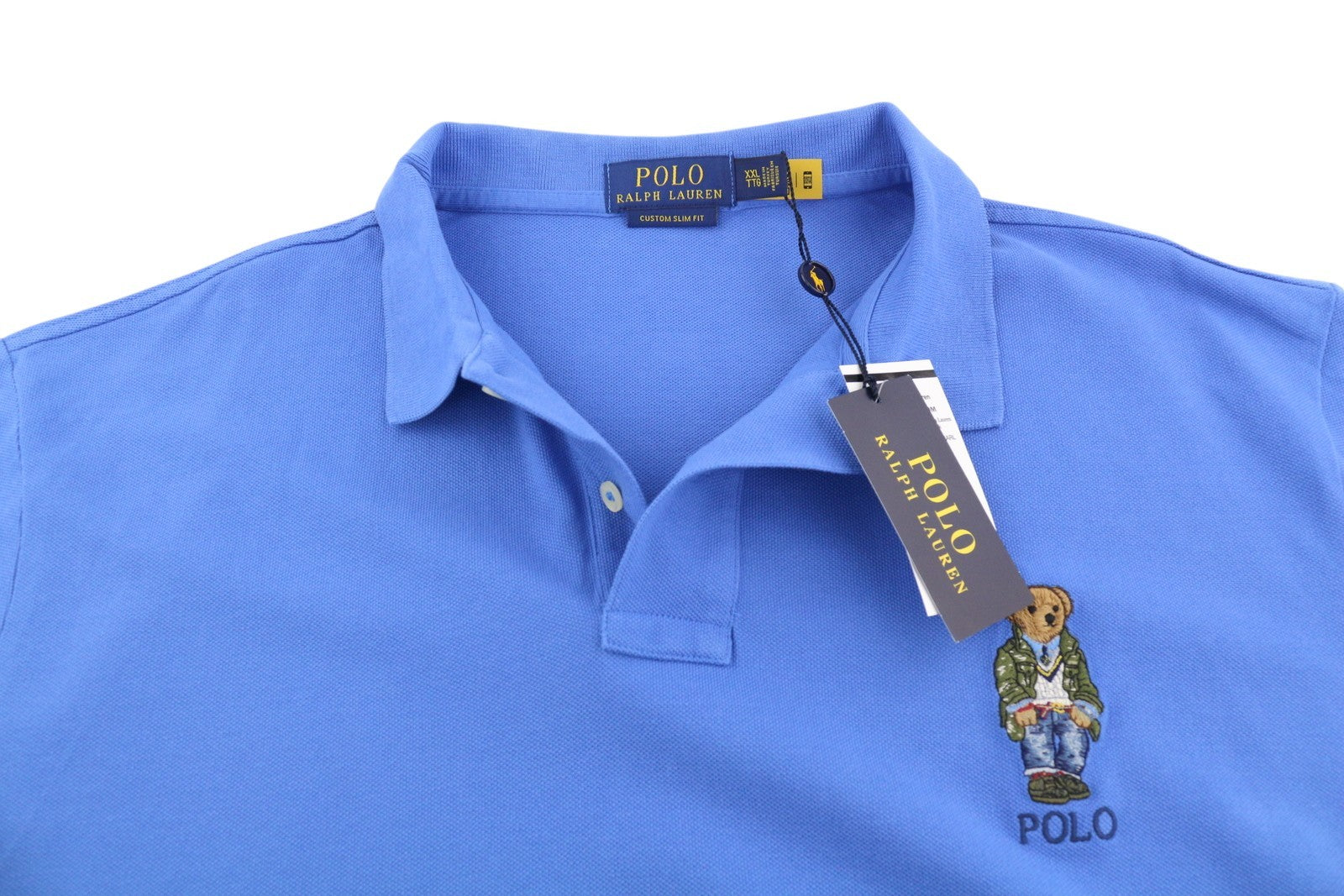 RALPH LAUREN „Custom Slim“ vyriški marškinėliai, 2XL, mėlyni trumpomis rankovėmis, su meškiuku, rekomenduojama kaina – 179 € 