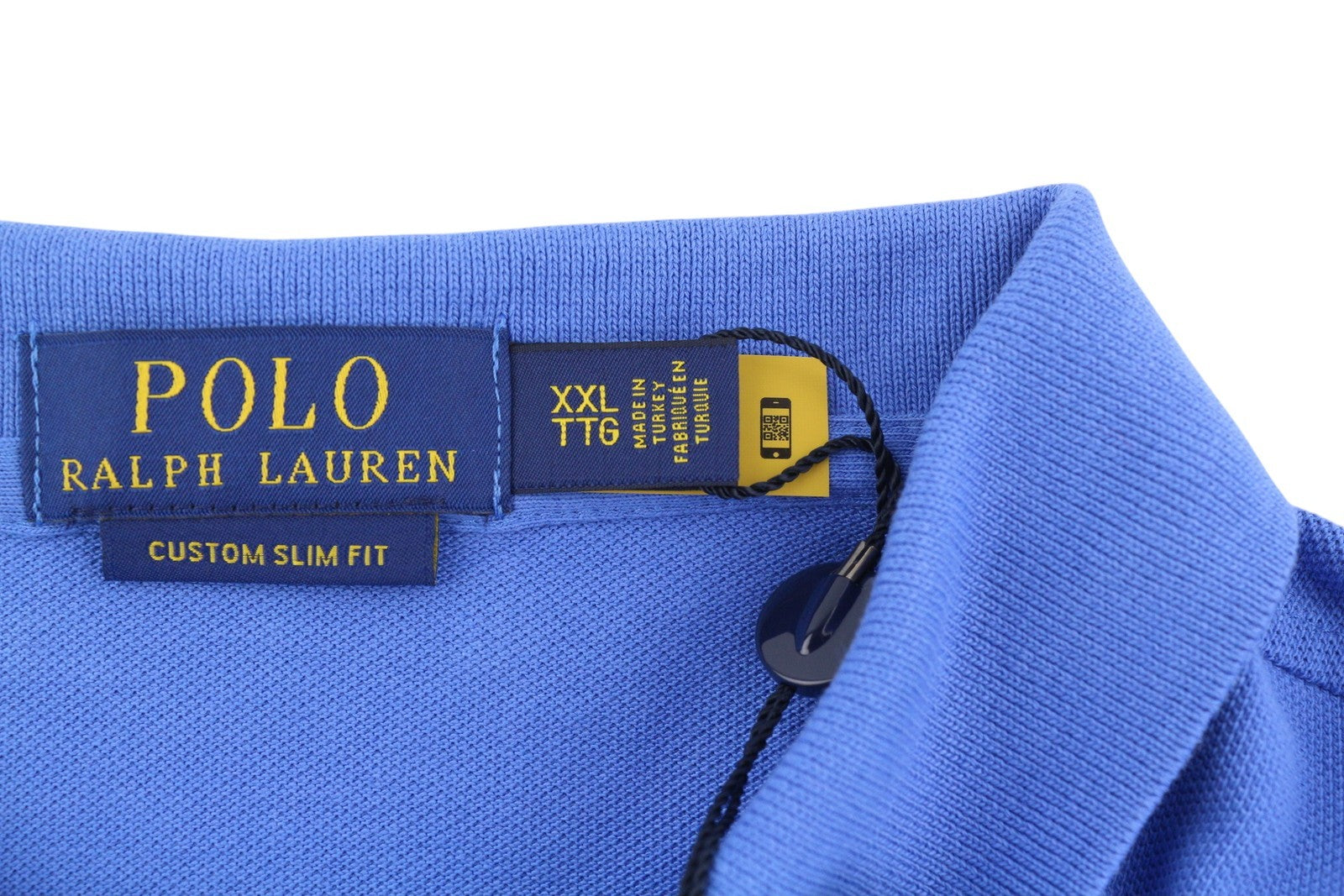 RALPH LAUREN „Custom Slim“ vyriški marškinėliai, 2XL, mėlyni trumpomis rankovėmis, su meškiuku, rekomenduojama kaina – 179 € 