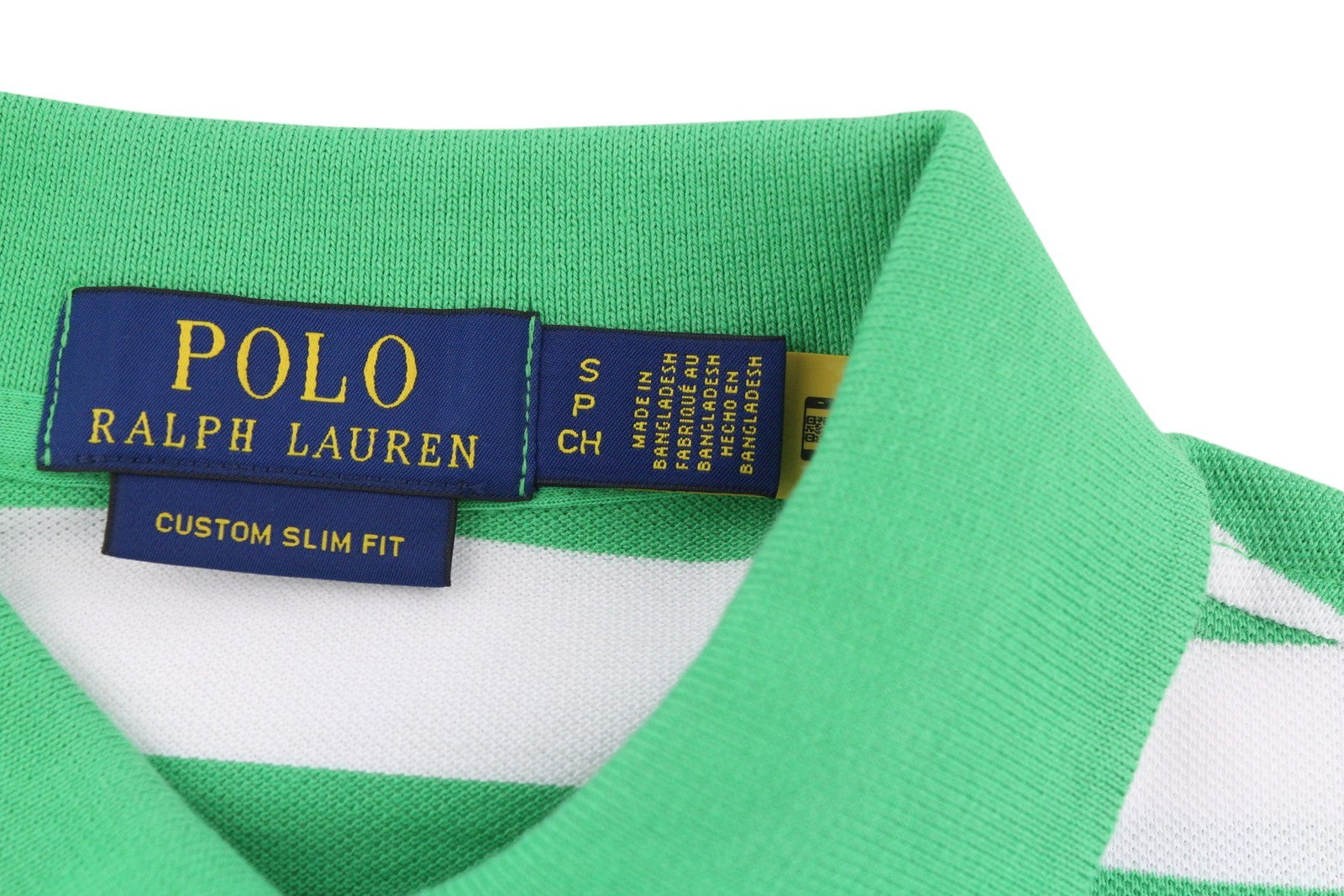 RALPH LAUREN „Custom Slim“ vyriški marškinėliai su žaliais dryžuotais polo kakleliais, rekomenduojama kaina – 139 € 