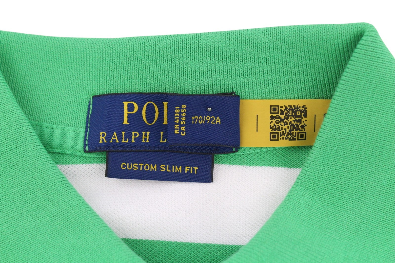 RALPH LAUREN „Custom Slim“ vyriški marškinėliai su žaliais dryžuotais polo kakleliais, rekomenduojama kaina – 139 € 
