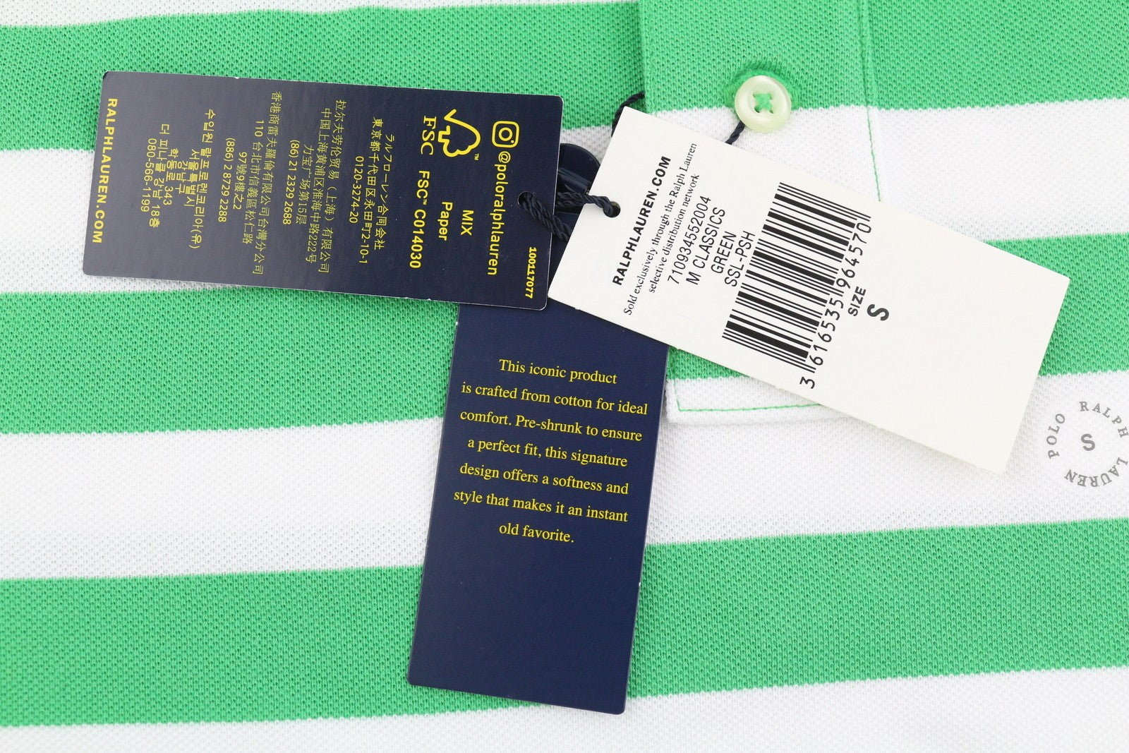 RALPH LAUREN „Custom Slim“ vyriški marškinėliai su žaliais dryžuotais polo kakleliais, rekomenduojama kaina – 139 € 