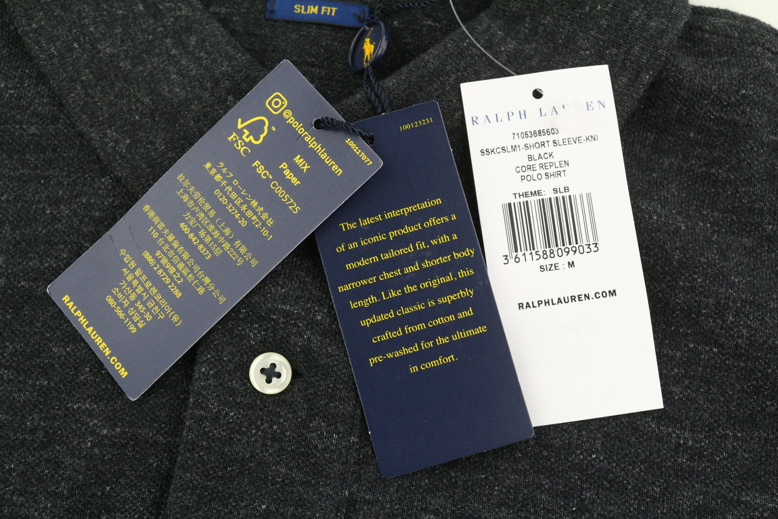 RALPH LAUREN Slim Fit vyriški marškinėliai M juodi plautų rankovių polo marškinėliai 