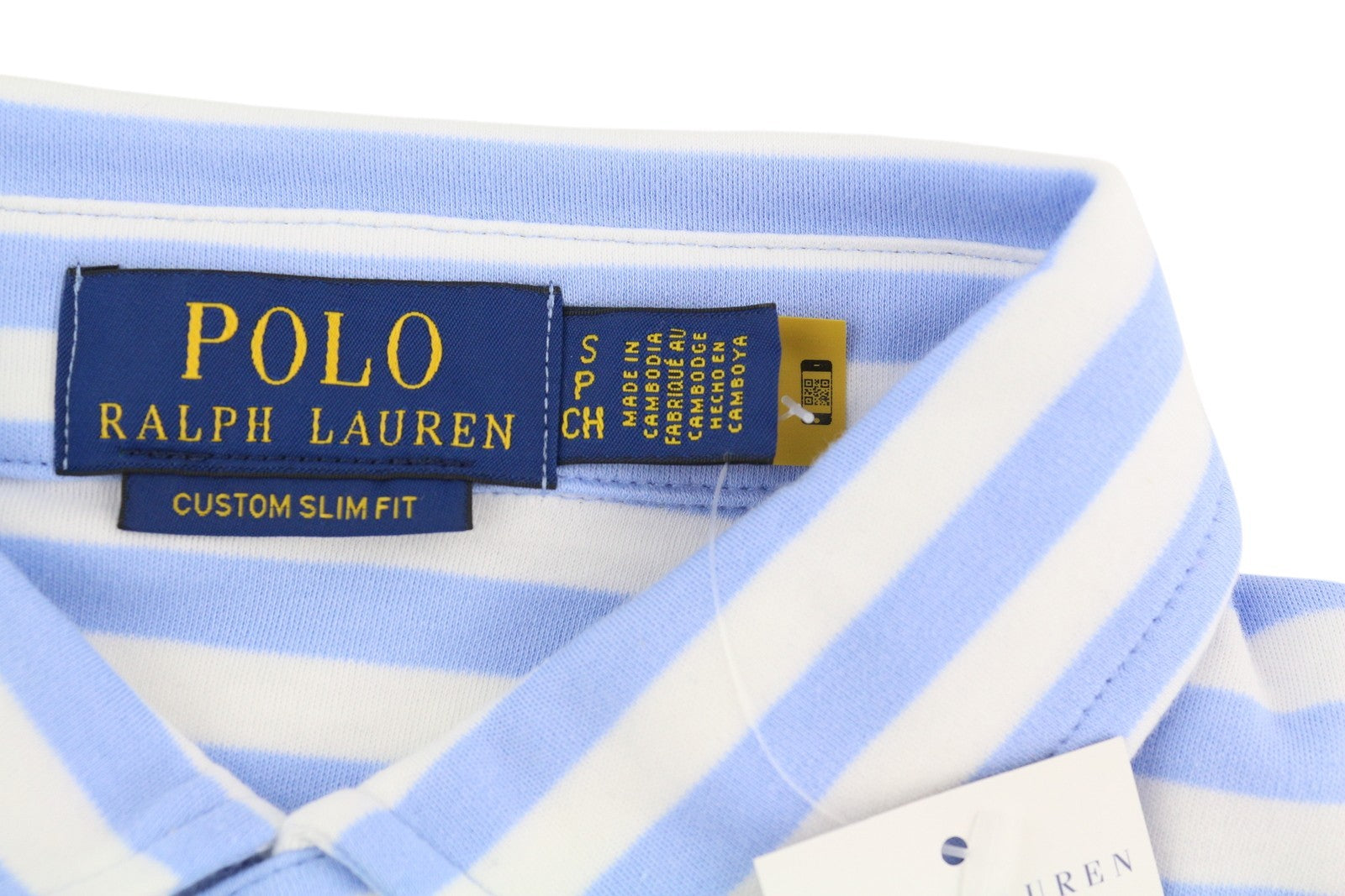 RALPH LAUREN „Custom Slim“ vyriški marškinėliai su mėlynais dryžiais ir trumpomis rankovėmis, rekomenduojama kaina – 149 € 
