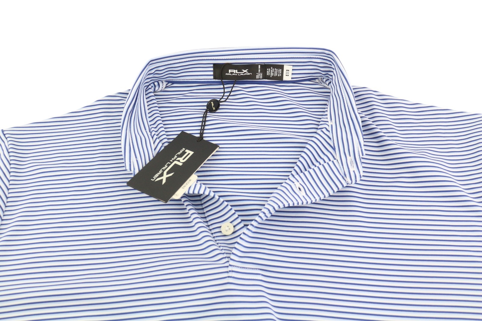 RLX RALPH LAUREN golfo vyriški marškinėliai su mėlynais dryžuotais ir trumpomis rankovėmis bei polo kaklu, 2XL dydžio. 