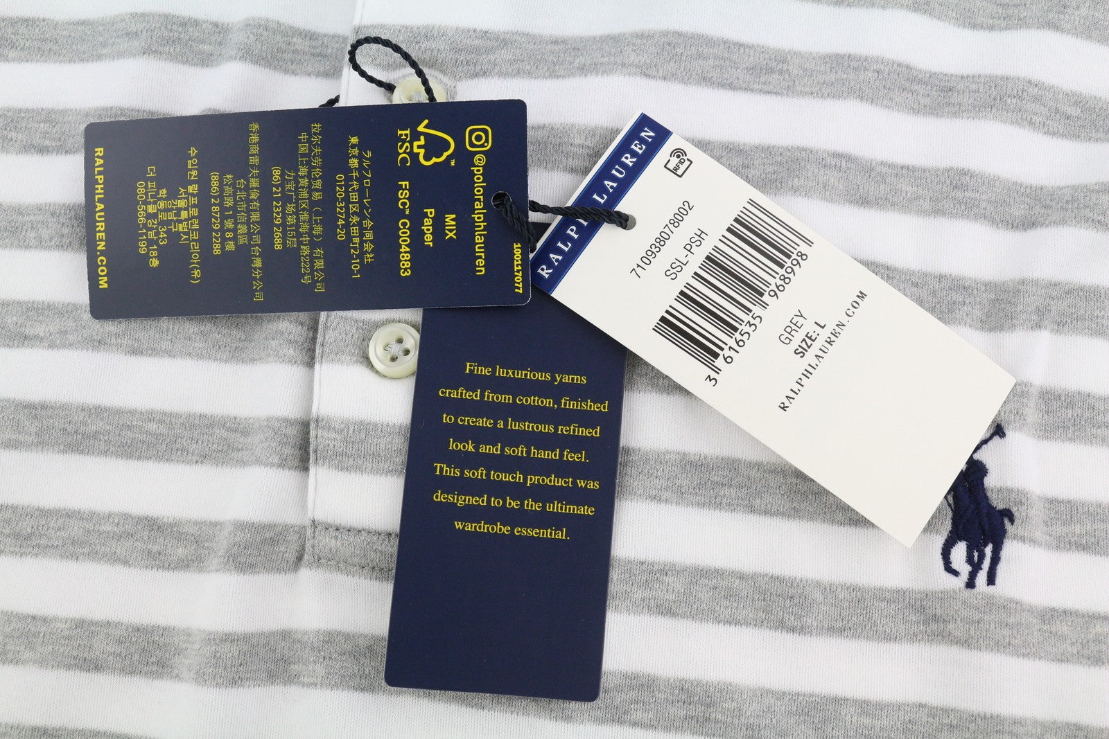 RALPH LAUREN klasikinio kirpimo vyriški marškinėliai su ilgomis rankovėmis ir polo apykakle, dryžuotu logotipu. 