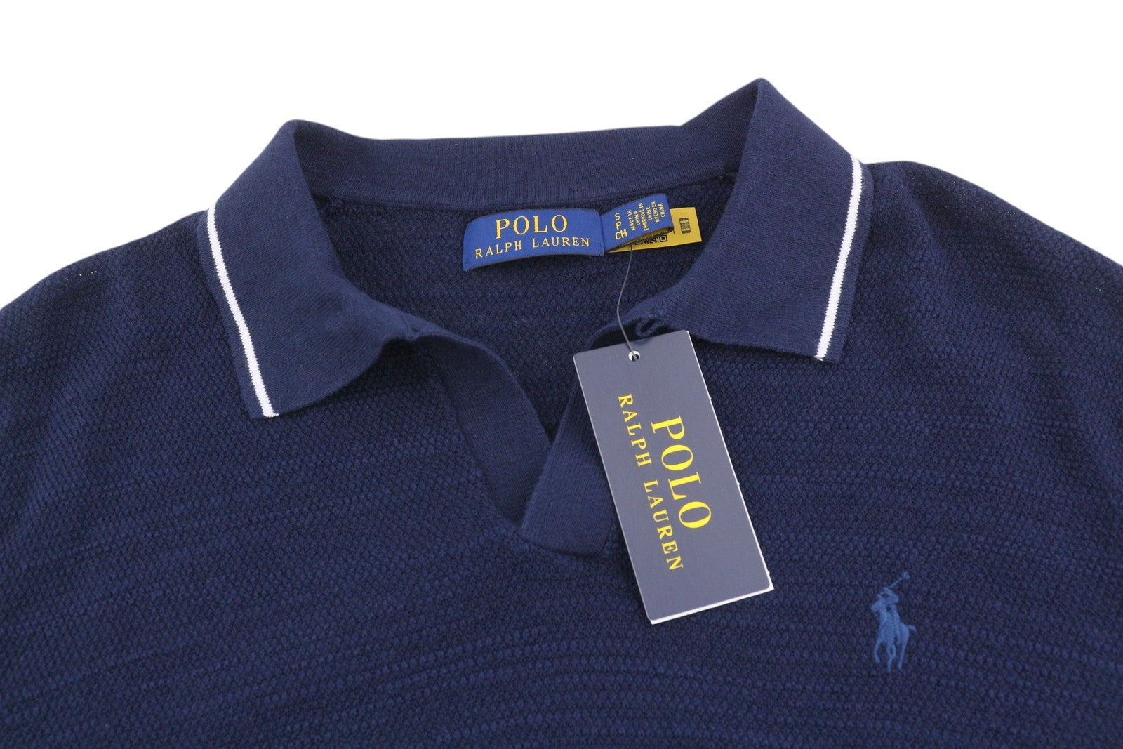 RALPH LAUREN vyriški mėlyni trumpomis rankovėmis lininio mišinio tekstūruoti polo marškinėliai S dydžio, rekomenduojama kaina – 241 € 
