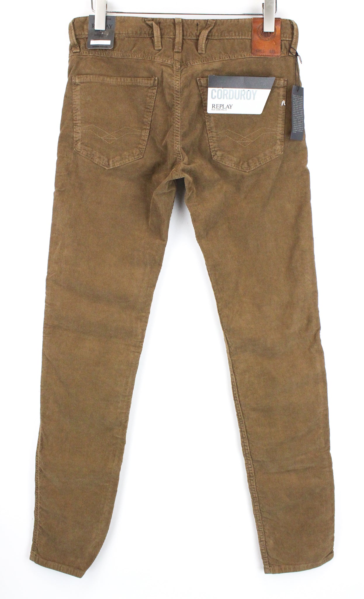 REPLAY Anbass Men's W31/L34 Brown Corduroy Slim Button-Fly Casual Trousers