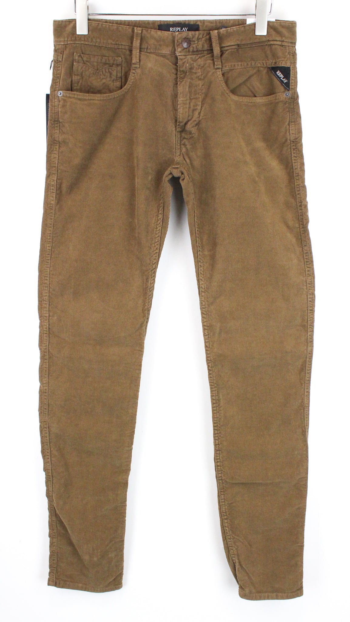 REPLAY Anbass Men's W31/L34 Brown Corduroy Slim Button-Fly Casual Trousers