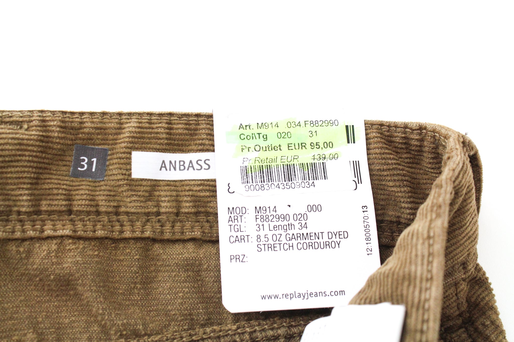 REPLAY Anbass Men's W31/L34 Brown Corduroy Slim Button-Fly Casual Trousers