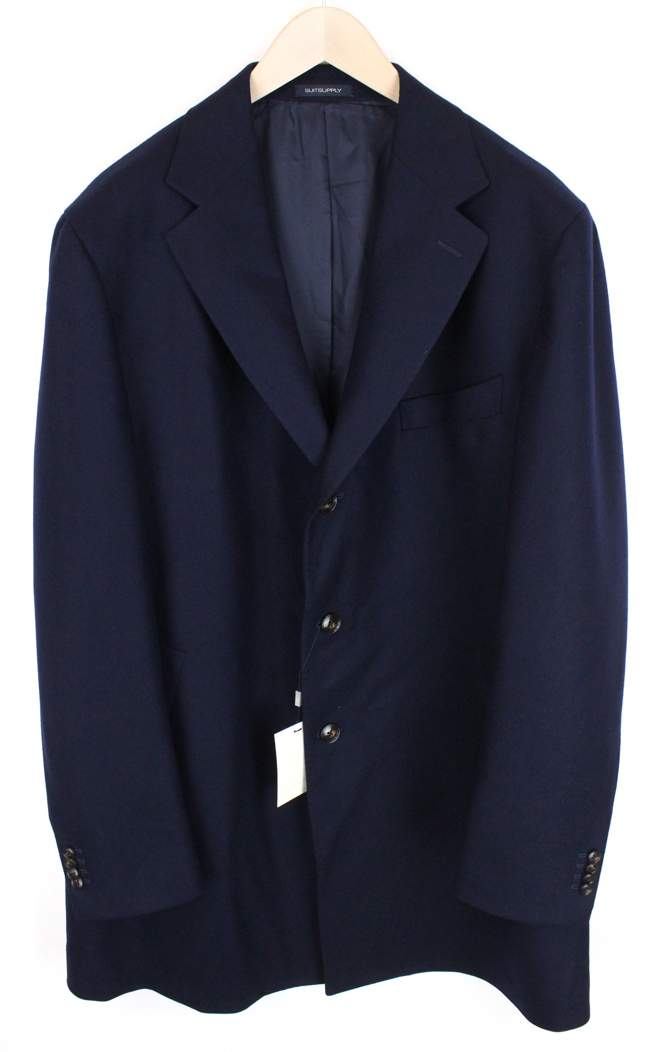 „SUITSUPPLY Vicenza“ vyriškas tamsiai mėlynas vilnonis, vidutinio ilgio flanelinis paltas, UK52R, su pamušalu 